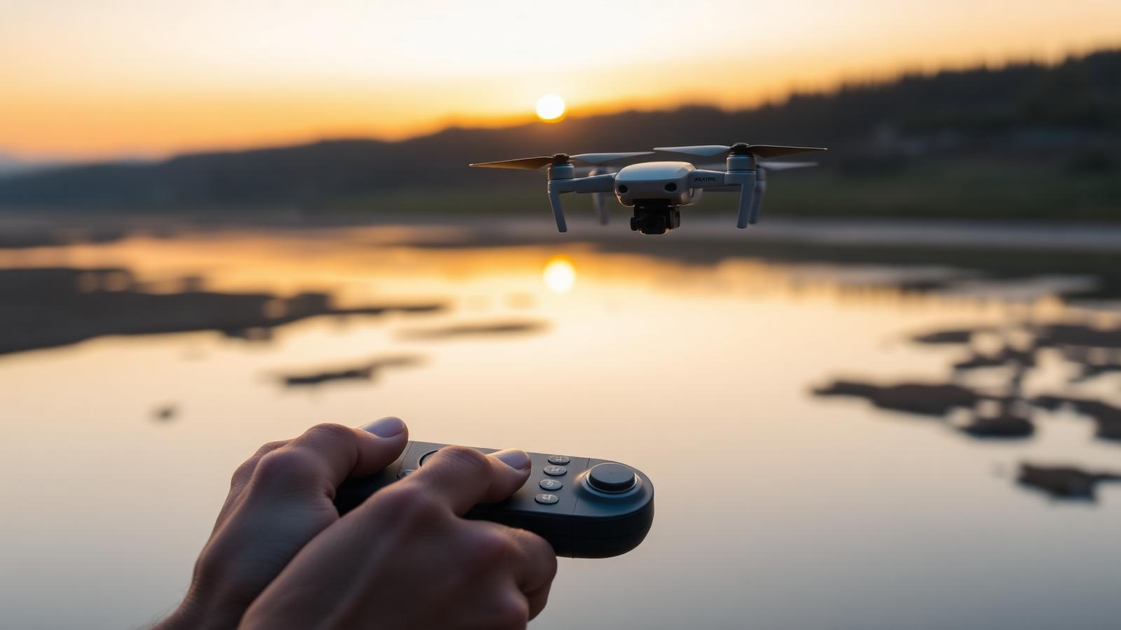 Dron leti iznad reke u zalazak sunca dok ga pilot upravlja daljinskim